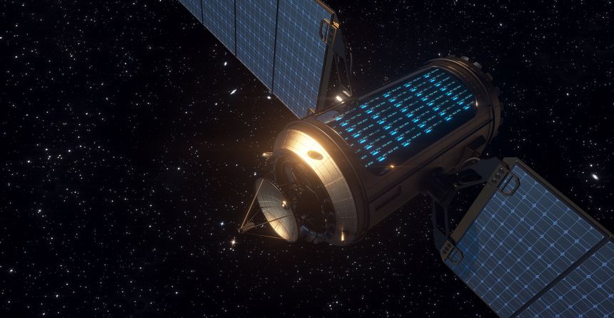 Artistic representation of a data center inside a satellite orbiting the earth.