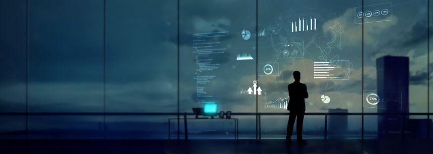 Boss man standing analyze, analysis, graph, business, chart, statistic, planning, strategy, growth, data, finance, economy, analyst, analytics, and success at the office, Silhouette of a man in a huge office in front of large windows viewing corporate infographics.