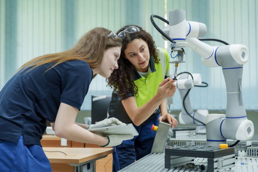 female technician instructs female trainee on how to use robotic system during smart factory workshop using tablet for automation interface and machine process control