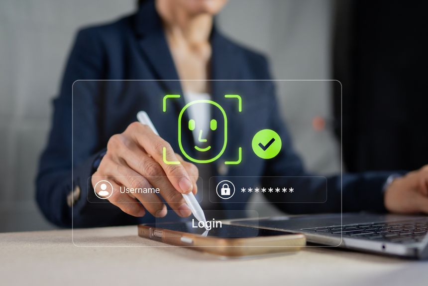 Businesswoman using stylus pen on smartphone for biometric face recognition login security concept