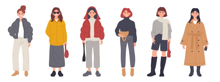 Stylish young women. Fashionable trendy dressed girls wearing casual outfits. Modern fashon looks flat cartoon vector illustration set