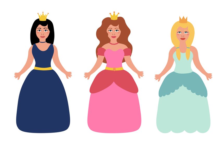 Set of beautiful fairy tale princess on white background. Children illustration. Vector Flat.