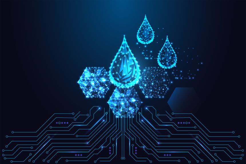 Biotech and fluid analytics. Glowing polygon droplets over hexagonal digital structures on blue circuit board, symbolizing liquid data, chemistry and innovation. Futuristic neon vector illustration.