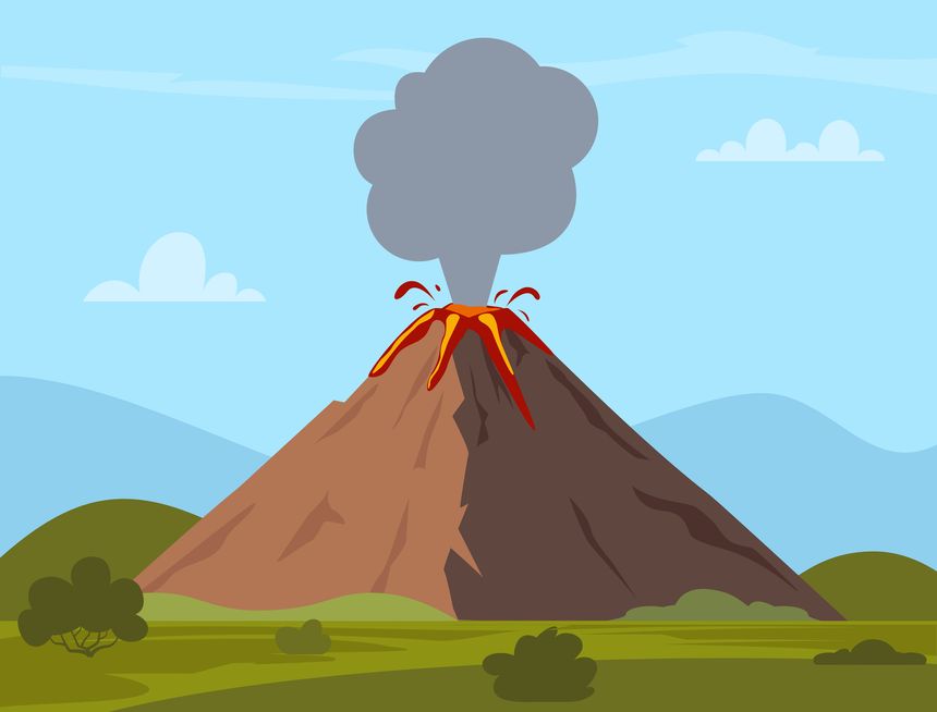 Erupting volcano. Natural volcanic activity. Volcanoes hot lava eruption. Mountains rocky hills with green grass. A volcano erupts with a plume of ash and flowing lava.
