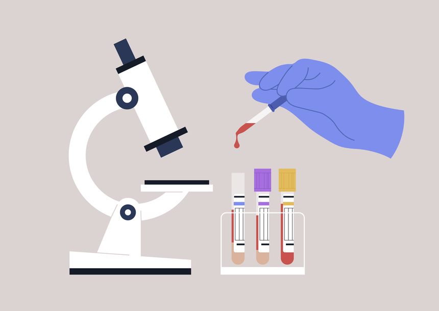 A gloved hand carefully collecting blood from a test tube while a microscope stands nearby, showcasing the intricate process of conducting lab blood tests for health analysis