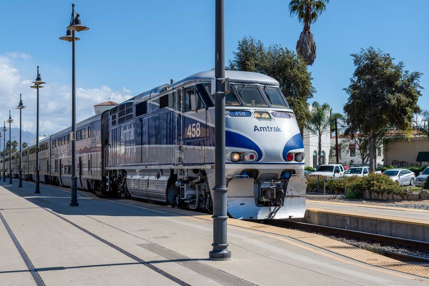 Santa Barbara, California - United States - February 27 2018:  Scenic Amtrak train arriving at the historic Santa Barbara station in California