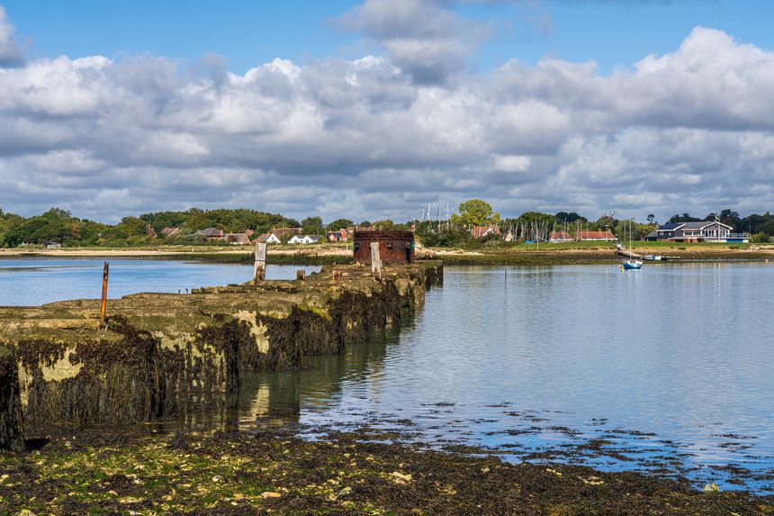 View from Hayling Island to Langstone, Hampshire, England, UK - over Bridge Lake and the old Railway Bridge