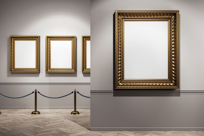 Empty art gallery interior with classic gold frames hung on a clean wall, spotlight lighting and modern design concept. 3D Rendering