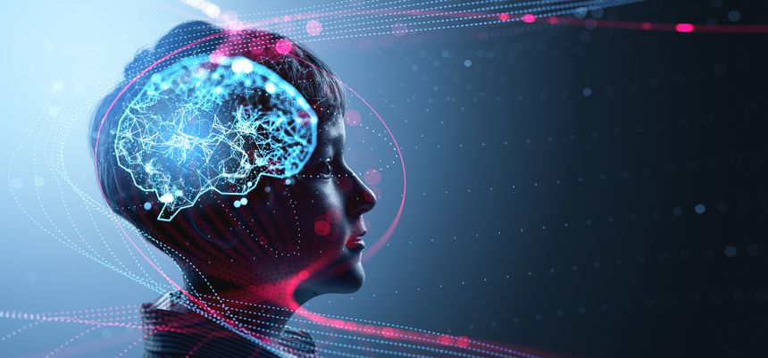 Young boy in profile with glowing digital brain network overlay, futuristic graphic style, dark blue background, concept of intelligence and learning