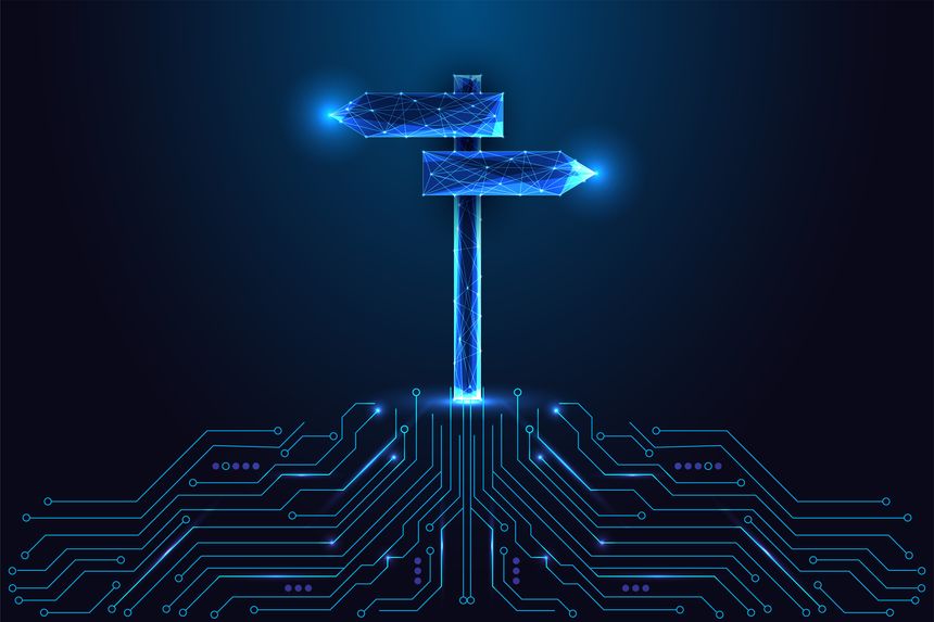 Decision-making, AI ethics, smart city navigation, and digital direction abstract concept. Two-way glowing signpost over a circuit board on dark blue background. Futuristic vector design.