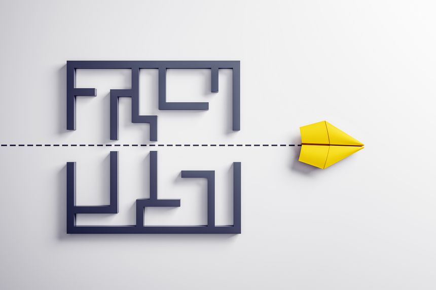 Yellow paper airplane flying in straight line over black labyrinth on light background, symbolizing leadership, business strategy, and innovation. 3D Rendering