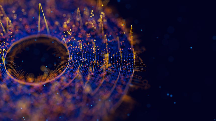 Big Data complex round graph. Quantum computing universe. Cyber space of AI technology. Futuristic graph. Digital information presentation. 3d render illustration.