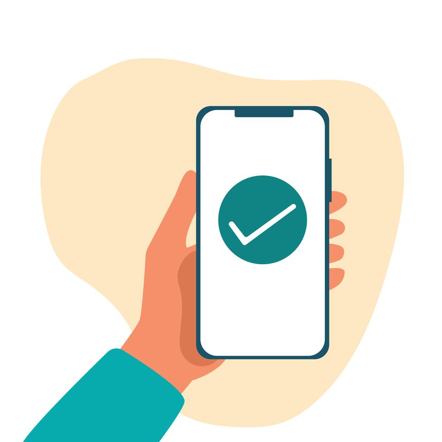 Hand holding smart phone with check mark message on device screen vector