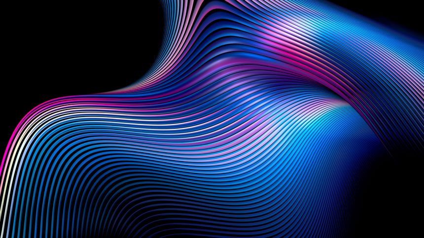 Abstract geometric neon lines background. Fractal render. Colorful glowing waves pattern.