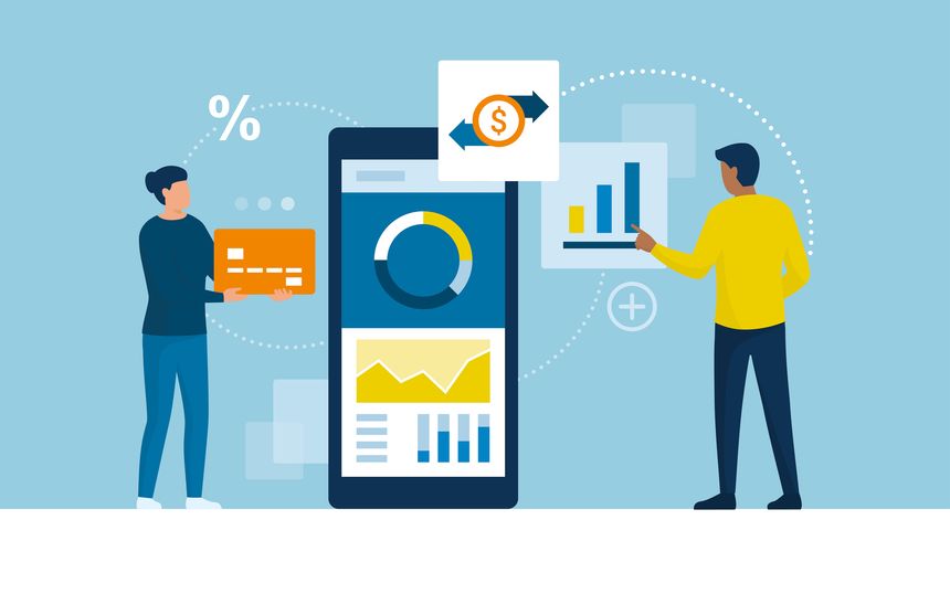 People using a mobile banking app on a smartphone, they are checking their account and using a credit card