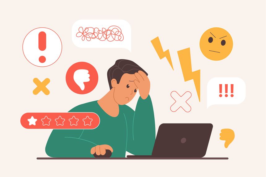 Bad review, online negative feedback of angry customers, users complaints about experience of service, product. Sad man reading dislike messages and text in speech bubbles cartoon vector illustration