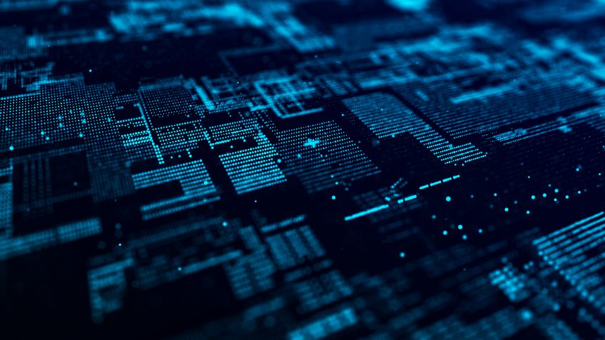 Computer technology background. Digital data flow. Network connection structure. Big data visualization.