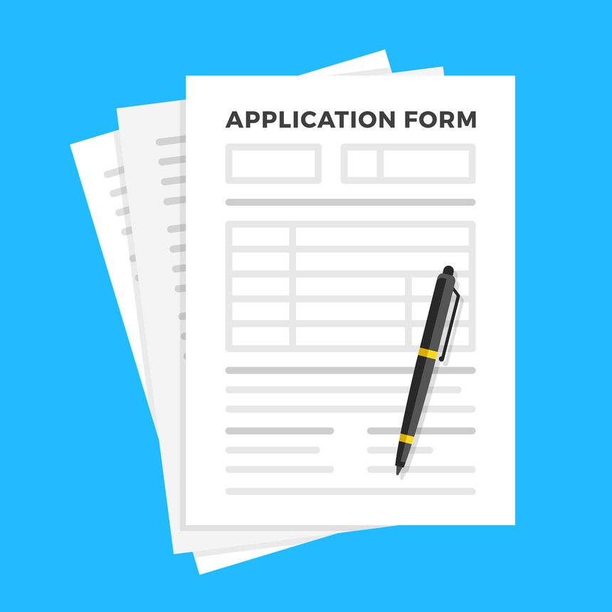 Application form and pen. Claim form, paperwork concepts. Flat design. Vector illustration