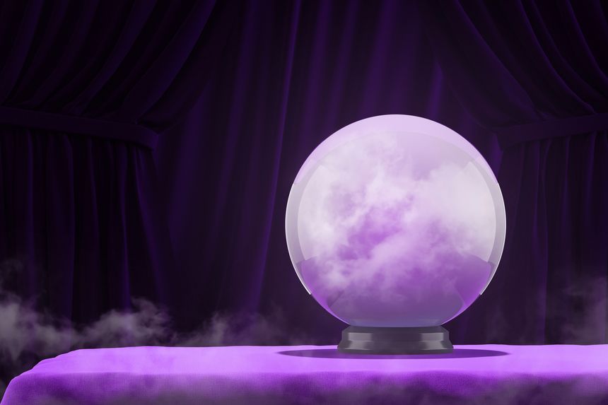 Crystal magic ball standing on purple table with dark purple curtains in background. Concept of prediction of future and mystery. 3d rendering