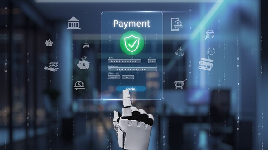 A robotic hand interacts with a secure digital payment interface in a modern office setting, symbolizing the future of finance technology and user interaction. Auvana