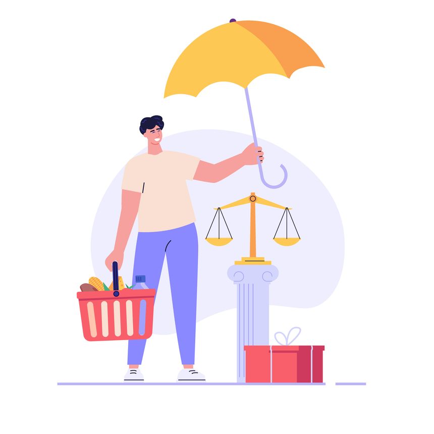 Consumer buying with legal protection. Consumer law protects customer with insurance. Concept of consumer protection, customer rights, scale of justice, legal safety. Vector flat cartoon illustration