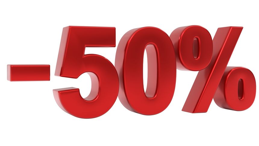 Bold red glossy 3D render of minus fifty percent sign, signifying a major price reduction or special offer