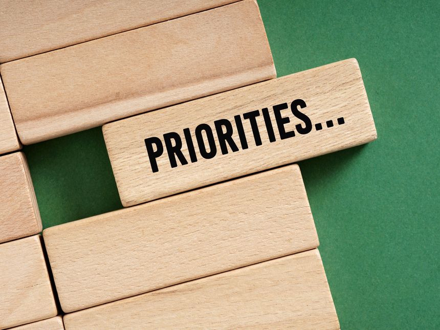 Wooden blocks with the word priorities, symbolizing essential business strategies