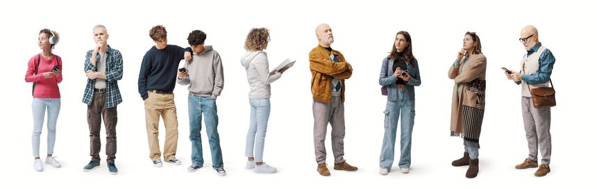 People of different age and gender standing, full-length portaits, isolated