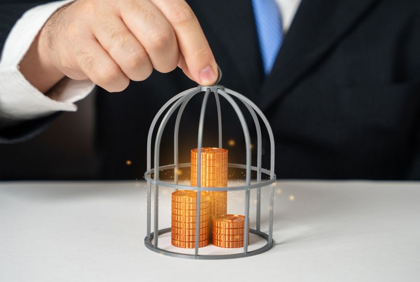 A businessman keeps his money in a cage. Freezing financial assets. Protect savings from inflation with the help of safe deposits. Financial security concept, risk avoidance