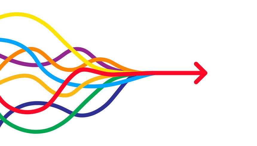 Colorful lines converge into a bold red arrow on a clean white background, symbolizing unity, focus, and determination. The abstract vector graphic represents leadership, teamwork, and strategy, illustrating ambition, clarity, and innovation in decision making and business growth.