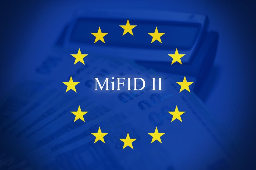 Professional conceptual image illustrating MiFID II investor protection and financial compliance, featuring euro banknotes overlayed on a flag background.