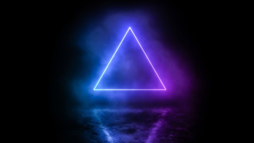 A bright mystical neon triangular portal hanging over a concrete floor in the dark with smoke flying past it, cosmic creative landscape, fantasy modern design, abstract background, 3d rendering