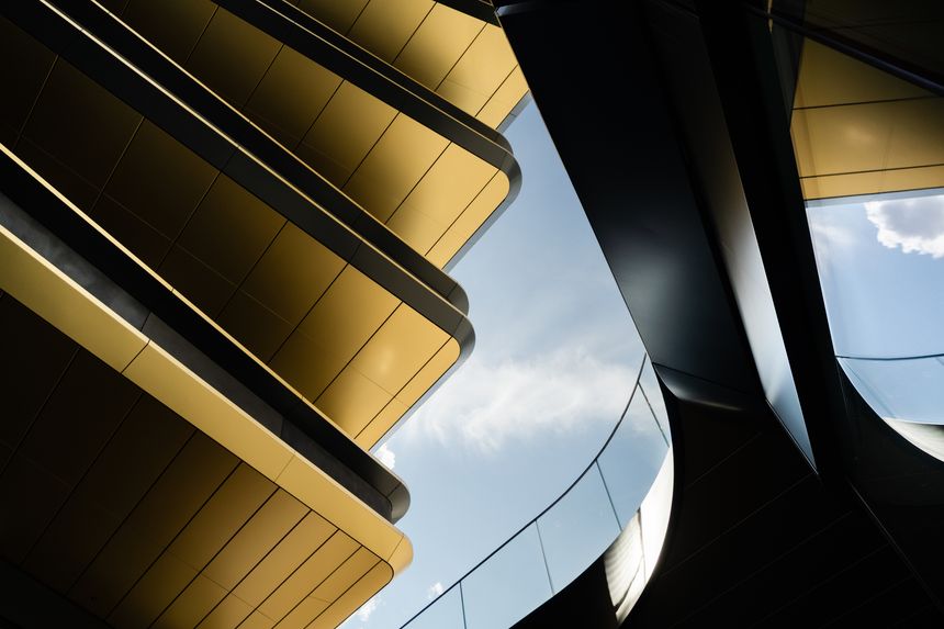 Abstract-like closeup of Masarycka building by Zaha Hadid Architects in Prague, Czech Republic.