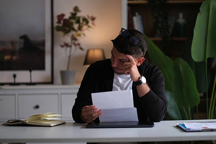 Disappointed young businessman with head in hand sitting with laptop and glasses at desk in office