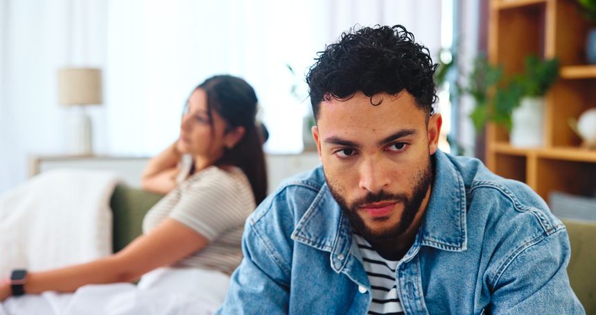 Thinking, man and couple with argument, home or miscommunication for people in relationship. Conflict, contemplating and newlyweds with tension, house and mad for controlling behaviour in marriage