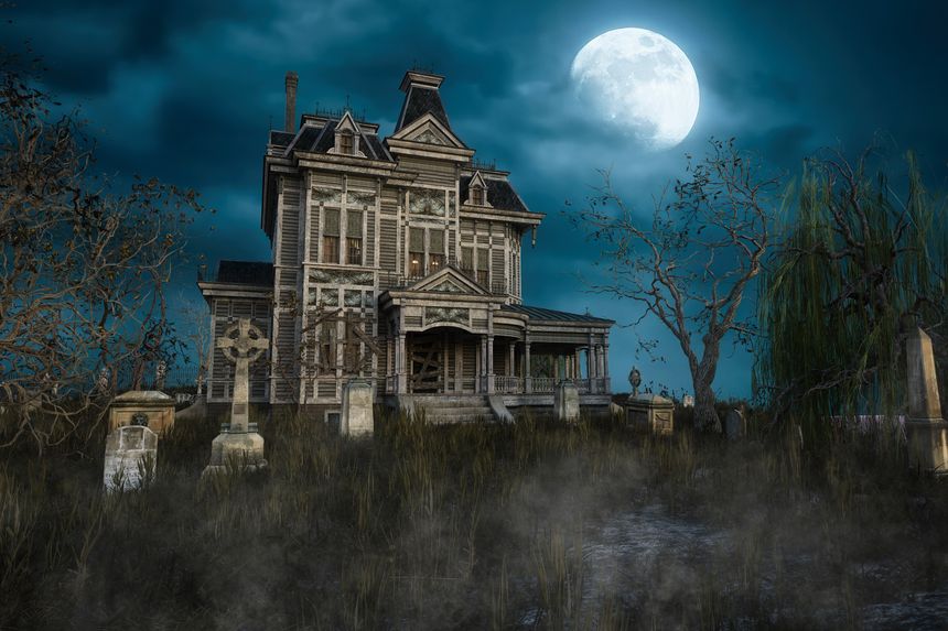 An old abandoned Victorian mansion house with tomb stones in the garden under a moonlit sky at night. 3D illustration.