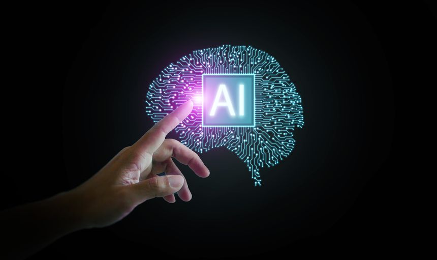 Futuristic concept of artificial intelligence with human finger pointing to glowing digital brain hologram, symbolizing deep learning, automation, and smart technology.