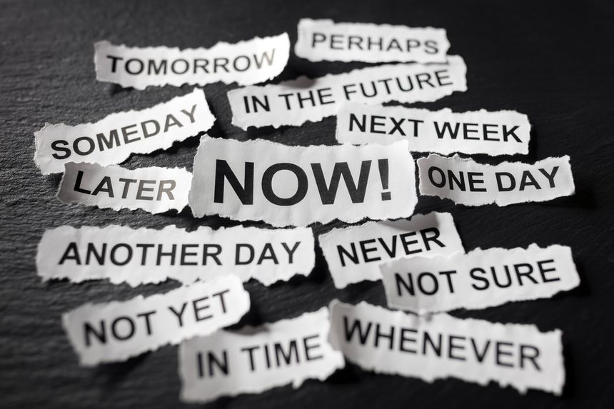 Procrastination and urgency concept with torn newspaper headlines excuses reading someday, later, one day, tomorrow, whenever etc