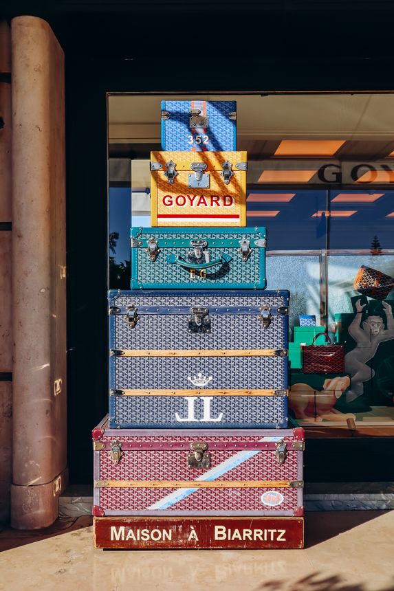 Monaco, Monaco - 20 January 2024 : Goyard suitcases near the facade of the boutique of the same name in Monte Carlo, Monaco.