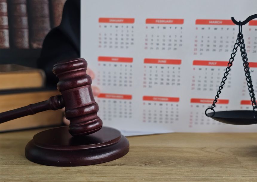 Judge gavel and balance scale on a desk beside a calendar indicating an important time in court proceedings