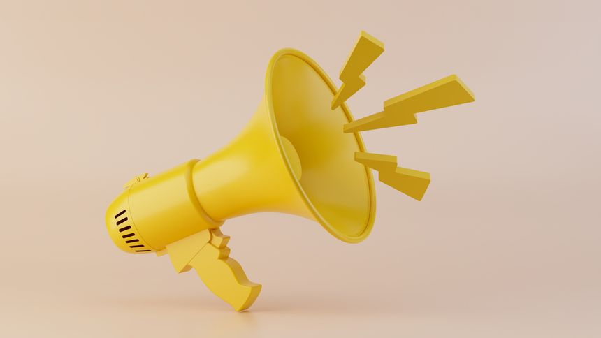 Yellow megaphone, 3D render, minimalist design, sound waves, bright yellow color, beige background, announcement concept, communication icon, stylized lightning bolts, clean aesthetic, product photography style, studio lighting, high detail, sharp focus