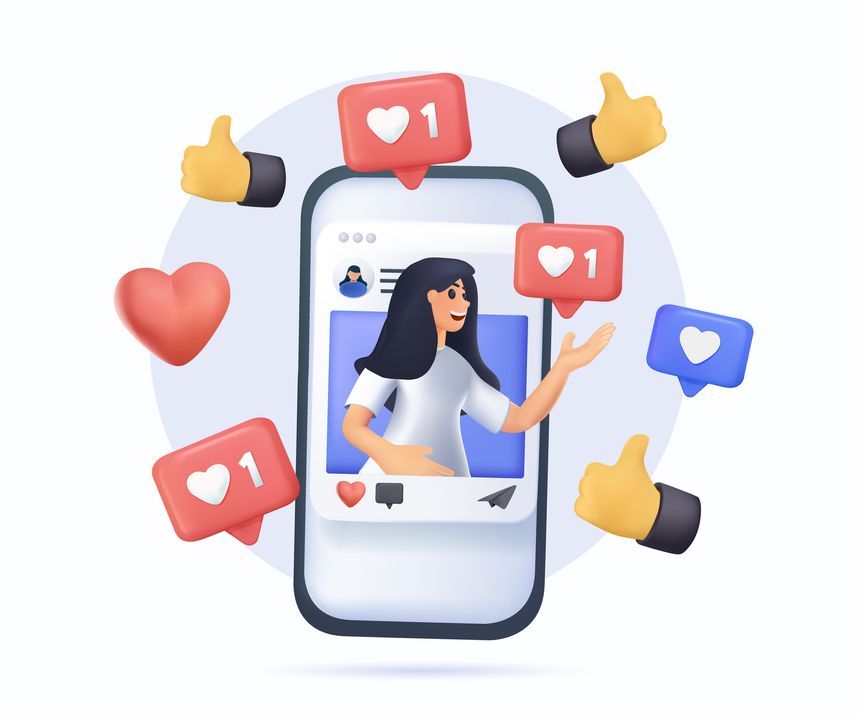 3D Social media blogger. Social media platform, online social communication concept. Influencer, post, story and avatar. Influencer posting personal blog. Comment Follower. 3D Web Vector Illustrations