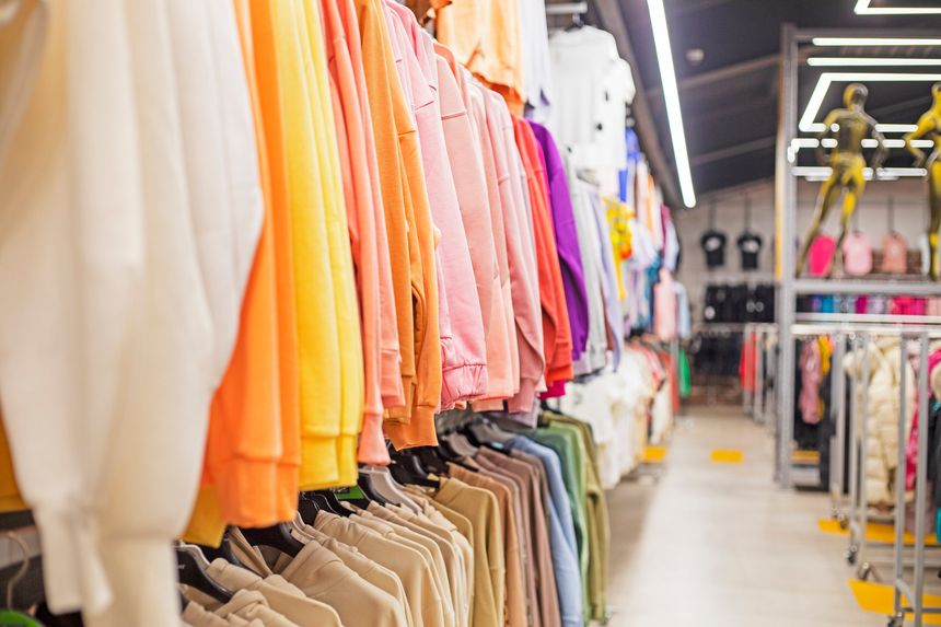 women's multi-colored sports sweatshirts in the sports department of the supermarket. Everyday life, casual style