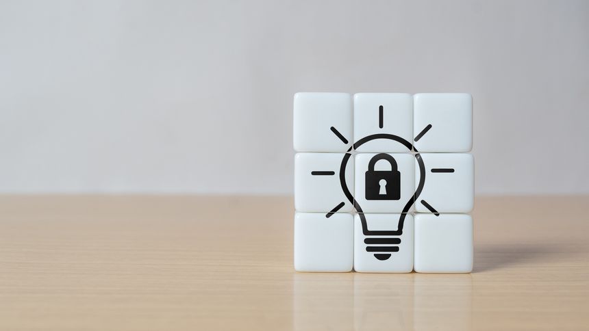 Copyright or patent concept, intellectual property. Patented brand identity license product copyright. Granting of a property right by a sovereign authority to an inventor