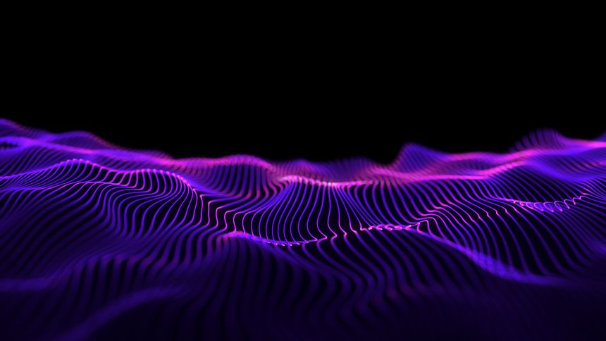 Purple waves on a black background. Digital sea, graphic landscape, typography map. Wavy space. Sci-fi microworld. 3D looped bg data flow concept. A blue high-tech field with luminous HUD. Abstract