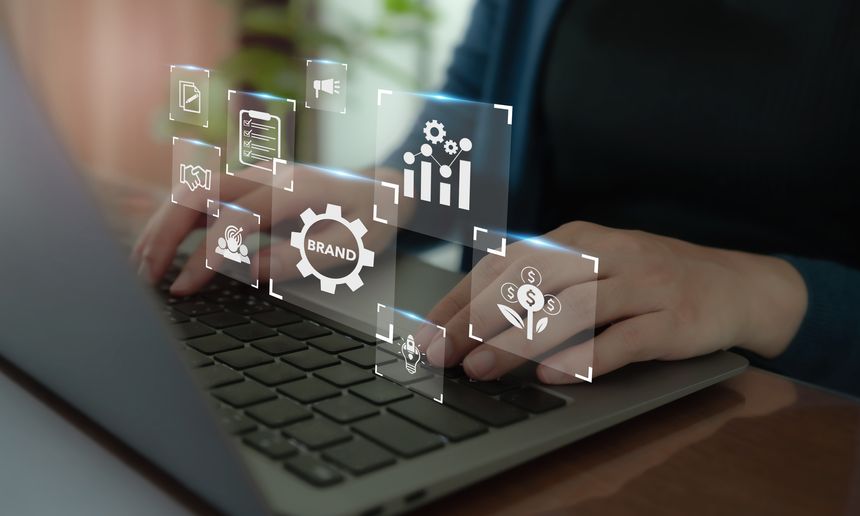 Build a strong brand, Brand concept. Distinctive identity represents a companyâs values and ideas through well designed logos, catchy slogans, unique products, or excellent services.Branding banner.