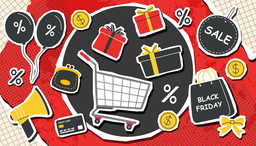 Black Friday sale banner. Black Friday stickers collage. Black Friday shopping.