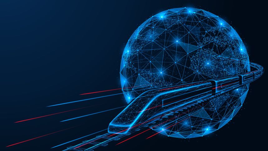 International railway route. The train travels around the planet Earth. Polygonal design of interconnected elements. Blue background.