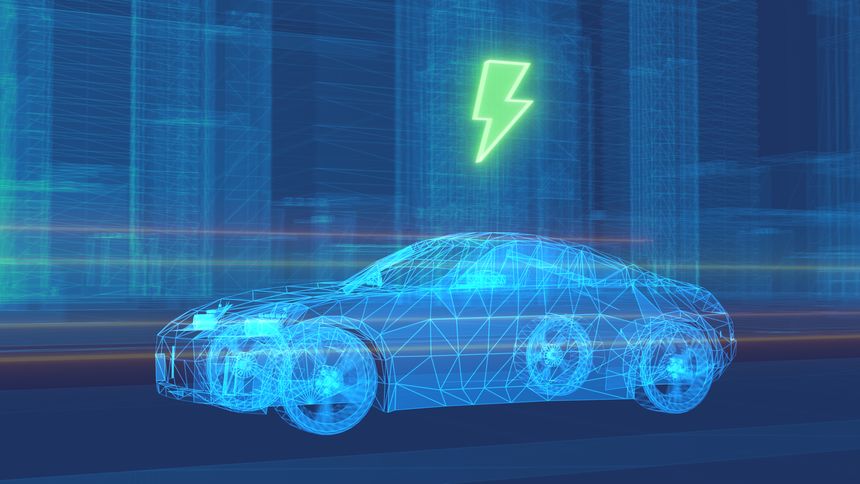 Explore the future of transportation with this captivating stock image. A futuristic electric vehicle, representing green energy and sustainability, navigates a cityscape. This abstract creation, formed by intricate lines and dots, embodies innovation and eco-friendliness. The vehicle's sleek design, illuminated by vibrant energy icons, exemplifies the fusion of technology and environmental consciousness. It's a vision of tomorrow's urban mobility, where style and sustainability harmonize seamlessly.