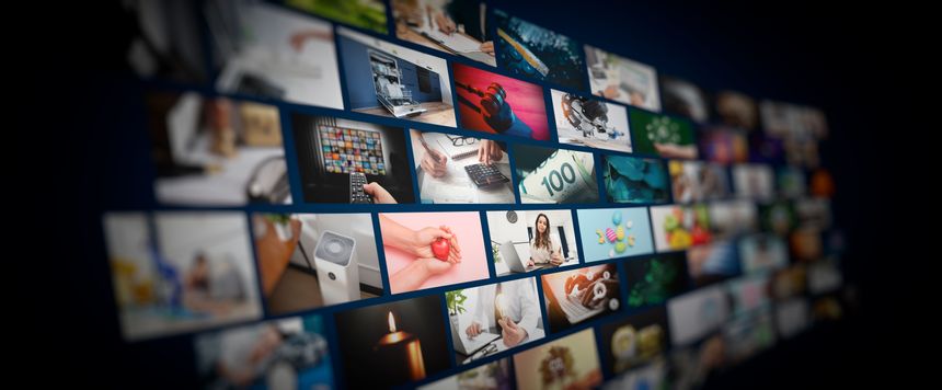 Media concept video wall with small screens, streaming service or VOD concept